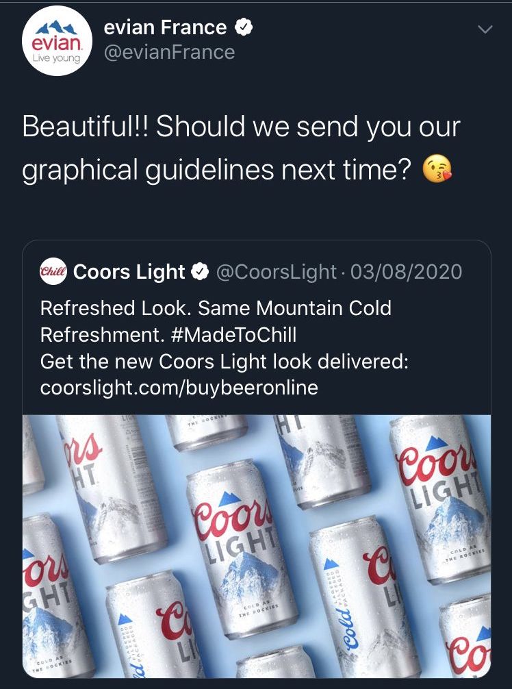 A tweet from Evian France to Coors Light about their similar branding.
