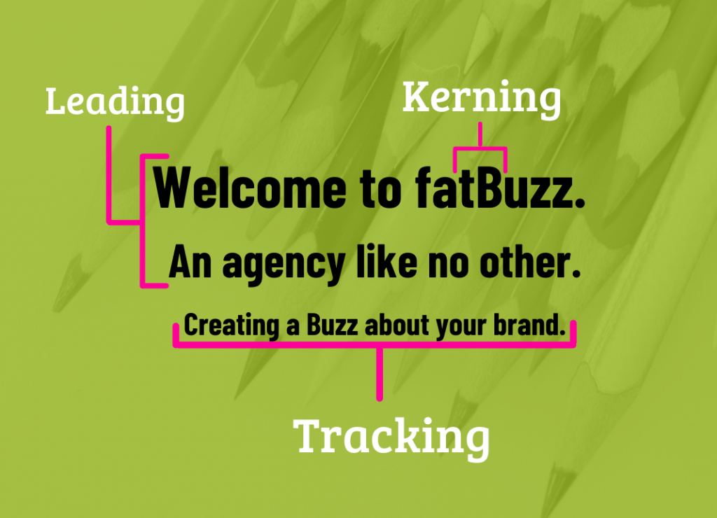 Leading, Kerning and Tracking shown using the fatBuzz slogans.